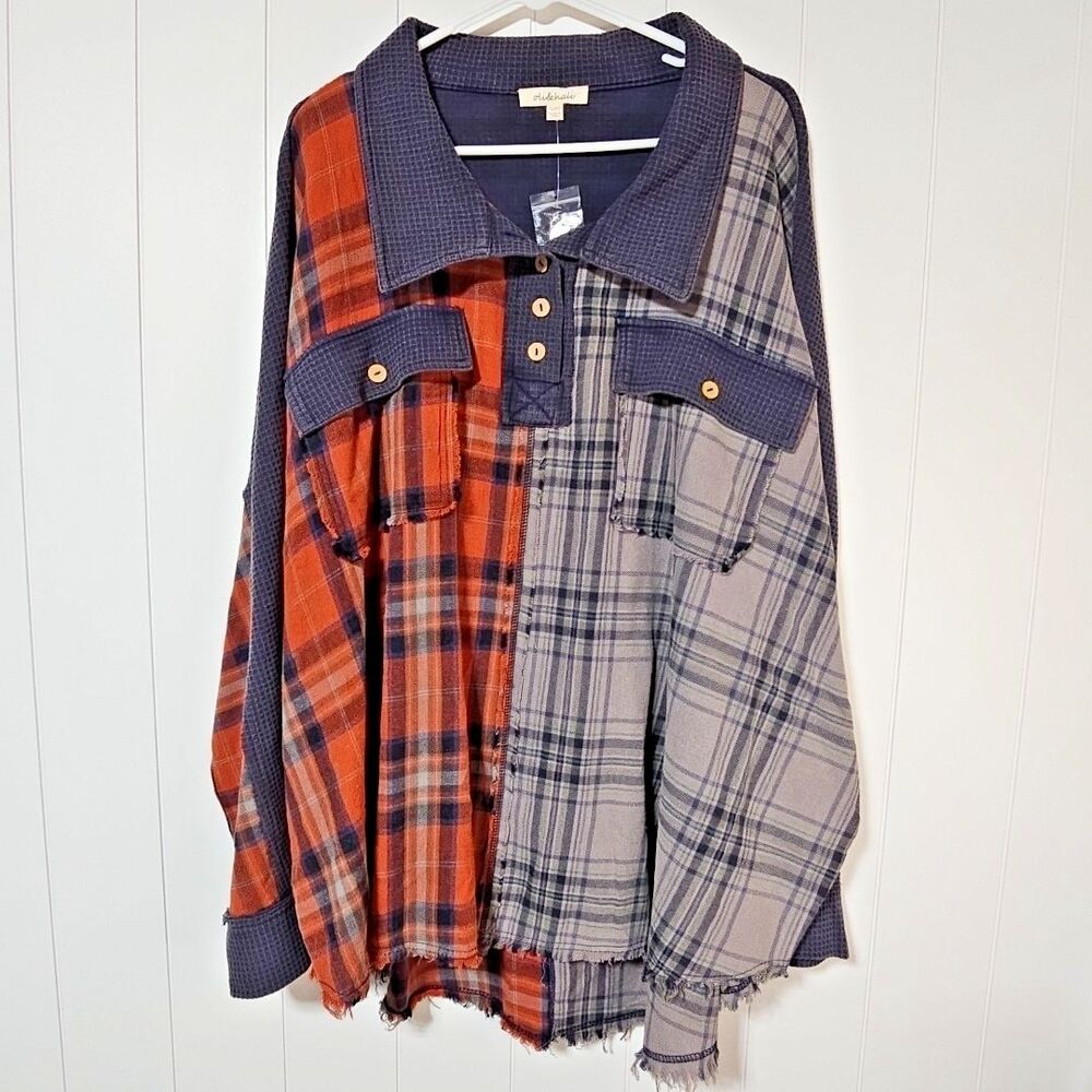 Oli & Hali Oversized Patchwork Waffle 1/4 Button Shirt NEW Boho Western Grunge